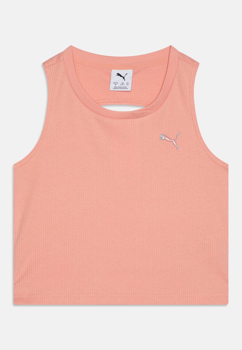 Top corto de canalé melocotón con cuello redondo, que presenta un pequeño logo bordado en el lado izquierdo. Tejido suave con un diseño ajustado.