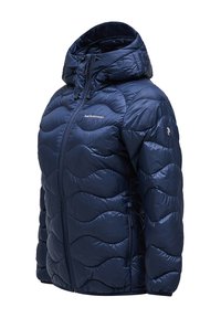 Tmavě modrá péřová bunda s kapucí, zdobená prošívaným vzorem vln, se zipovým uzávěrem a elastickými manžetami pro těsné přilnutí.