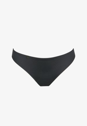 Musta bikiniton alushousu, jossa on sileä, matta pinta. Ominaisuuksia ovat matala vyötärö ja minimaalinen peittävyys sekä huomaamaton brändilogo sivussa.