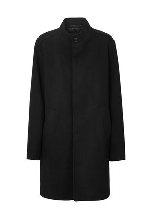 Cappotto di lana nera con colletto alto, chiusura a bottoni e due tasche laterali. Presenta una linea dritta e un design minimalista. Texture morbida.