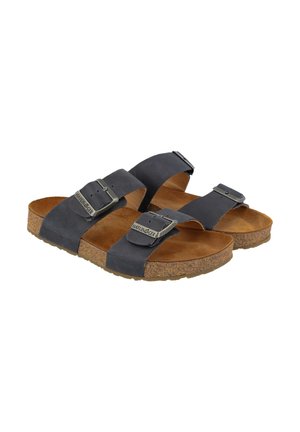 Sorte lædersandaler med to justerbare stropper og metalspænder, korkfodbund og tekstureret gummisål. Brun inderside.