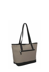Borsa tote intrecciata con un motivo geometrico in beige e marrone, con dettagli in ecopelle nera e lunghe tracolle.