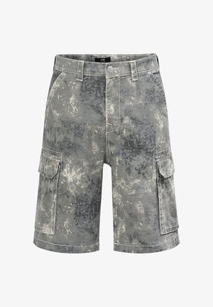 Graue Batik-Cargoshorts für Herren mit seitlichen Klappentaschen, Gürtelschlaufen, Knopfverschluss und schrägen Vordertaschen.