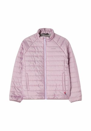 Lyserød quiltet jakke med lynlås foran, to sidelommer og en opretstående krave, designet til varme og afslappet brug.