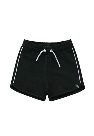 Zwarte shorts van zacht materiaal, met een drawstring tailleband, witte zijstripes en een klein logo aan de zoom.