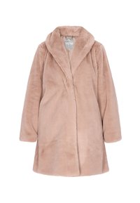 Cappotto in pelliccia ecologica rosa con collo a punte, maniche lunghe e chiusura frontale. Texture morbida, design lungo fino al ginocchio e silhouette dritta.