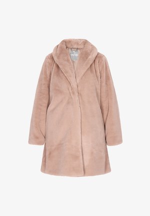 Manteau en fausse fourrure couleur rose avec un col cranté, des manches longues et une fermeture à l'avant. Texture douce, design à la longueur des genoux et silhouette droite.