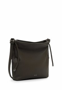 Dark green leather shoulder bag with a smooth texture, adjustable strap, and subtle silver hardware. Structured design with a top opening.
