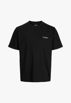 Must musta crew-neck T-särk lühikeste varrukatega ja väikese valge logoga vasakul rinnal. Sile tekstuur, tavapärane lõige.