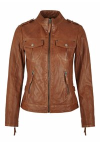 Braune Lederjacke mit strukturierten Schultern, Reißverschluss vorne, zwei Brusttaschen und zwei seitlichen Reißverschlusstaschen. Mit geripptem Kragen und Bündchen.