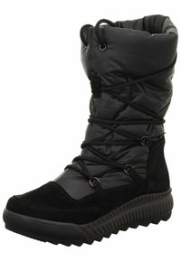Botas de invierno negras con un upper de nailon acolchado, acentos de ante, detalles de cordones y una suela de goma gruesa y texturizada para mayor tracción.