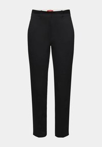 Pantaloni neri realizzati in un tessuto liscio. Design sartoriale, gamba dritta, con vita con passanti per la cintura e un'estetica minimalista.