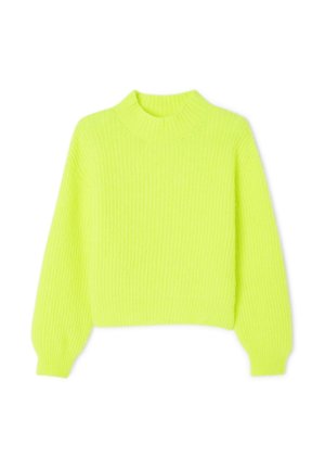 Neon yellow knitted sweater, cropped design, ribbed texture, high neck, and balloon sleeves. Soft material with no visible patterns or accents.