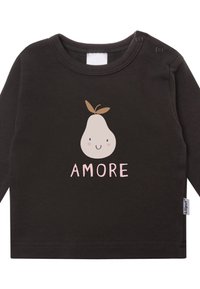 Schwarzes Langarmshirt mit Rundhalsausschnitt. Verziert mit einem hellbraunen Birnengrafik und dem Wort "AMORE" in Pink darunter. Weicher Stoff.