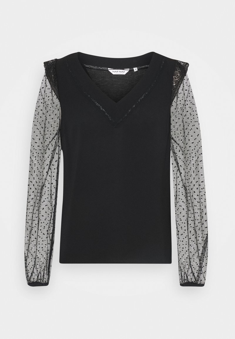 Mustat yläosa V-avauksella, jossa on läpikuultavat harmaat pilkulliset pitsihihat ja joustavat hihansuut. Teksturoitu pitsireuna kaula-aukossa.