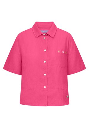 Felroze korte mouwen overhemd met knopen, kraag en kleine geborduurde zon-, schelp- en drankje-icoontjes op het linkerborstzakje.
