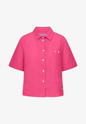 Felroze korte mouwen overhemd met knopen, kraag en kleine geborduurde zon-, schelp- en drankje-icoontjes op het linkerborstzakje.