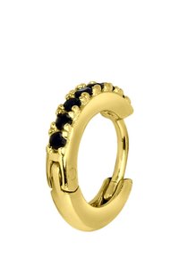Boucle d'oreille en métal doré avec cinq pierres noires, montées en design griffe. Texture lisse avec une finition brillante et fermeture à charnière.