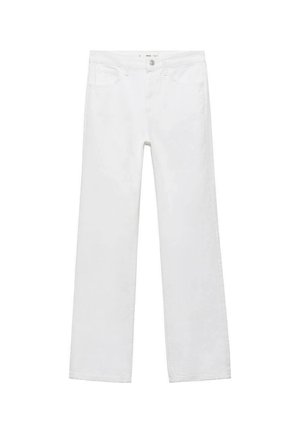 Weiße Jeans mit geradem Bein, vorderen Taschen, Gürtelschlaufen und Knopfverschluss an der Taille, flach auf weißem Hintergrund dargestellt.