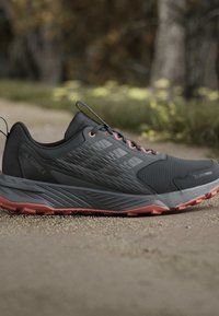 Chaussure de trail running gris foncé et saumon avec une semelle texturée et une étiquette Climaproof reposant sur un chemin de terre avec des arbres flous en arrière-plan.