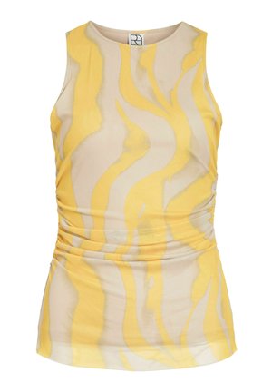 Ermeløs beige tanktopp med gule abstrakte bølgemønstre og rynkede sider, tettsittende stil.