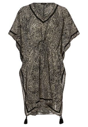 Kimono noir et crème à motif cachemire, avec un col en V, des manches larges et une taille ajustable par cordon, orné de bordures noires et de petits pompons.