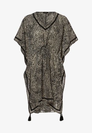 Sort og cremefarvet kimono med paisley-mønster, V-halsudskæring, løse ærmer og snøre i taljen, med sort kant og kvastdetaljer.