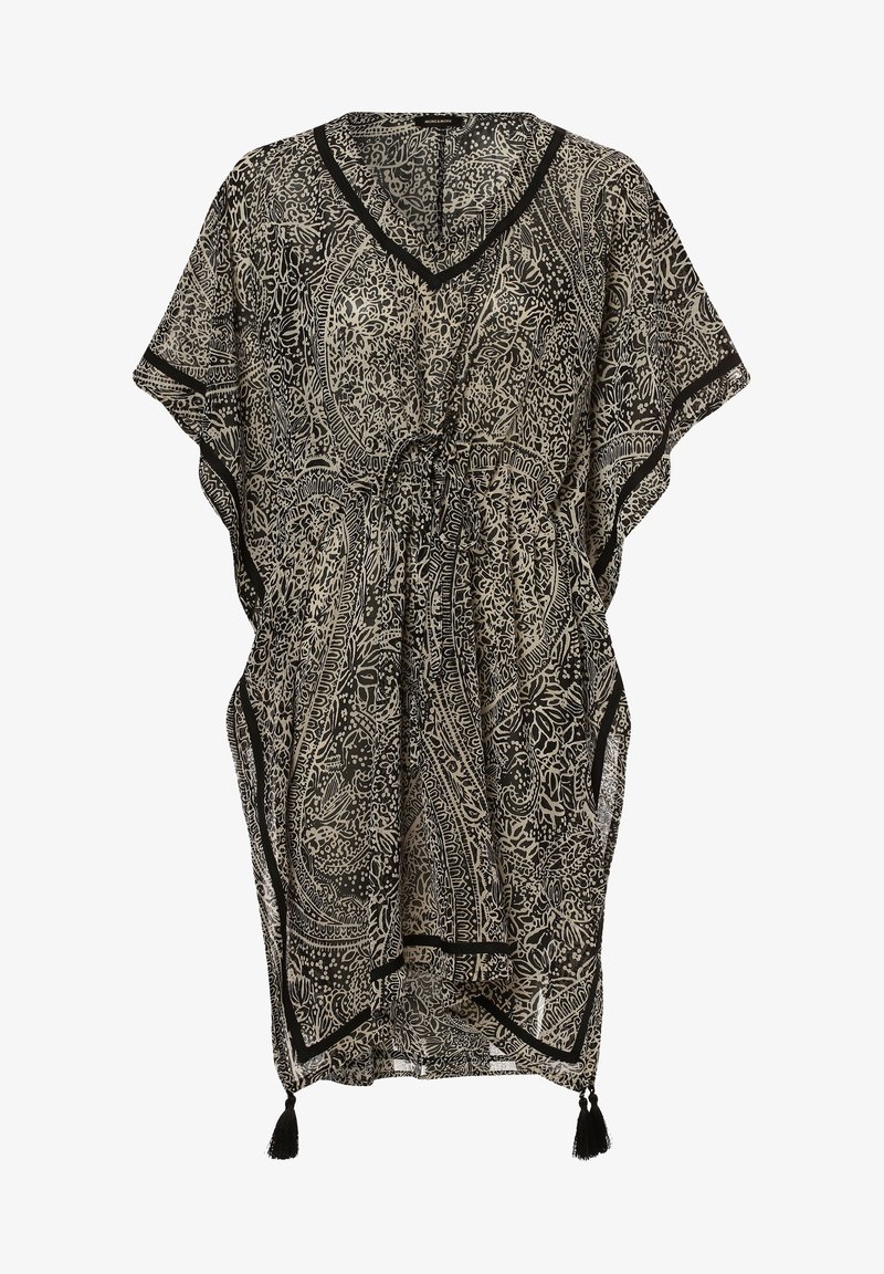 Kimono noir et crème à motif cachemire, avec un col en V, des manches larges et une taille ajustable par cordon, orné de bordures noires et de petits pompons.