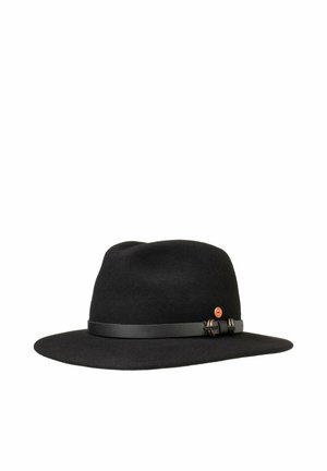 Black felt fedora hat with wide brim and leather band featuring a small round metal emblem and double buckle detail.