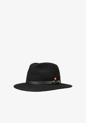 Black felt fedora hat with wide brim and leather band featuring a small round metal emblem and double buckle detail.