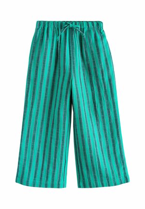 Wide-leg trousers with vertical teal and dark blue stripes, elastic waistband, and front tie closure.