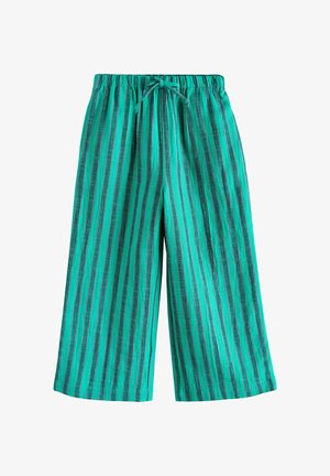 Wide-leg trousers with vertical teal and dark blue stripes, elastic waistband, and front tie closure.