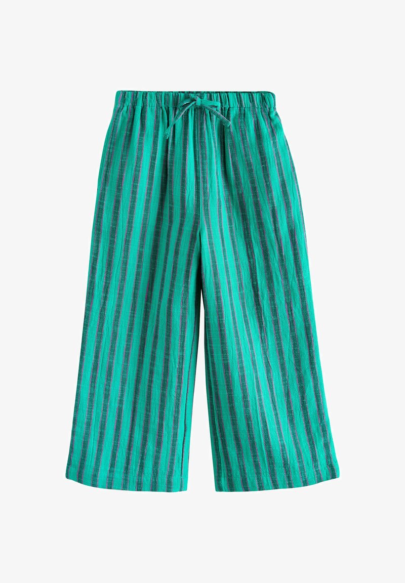 Pantalon à jambes larges avec des rayures verticales bleu sarcelle et bleu foncé, taille élastique et fermeture devant par nouage.