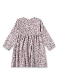 Langärmliges Kleid mit einem rosa und grauen Blumenmuster, gerafftem Taillenbund, rundem Ausschnitt und einer kleinen Knopfverschluss hinten. Weiche Stofftextur.