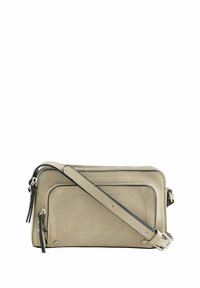 Beige rektangulær skuldertaske med lynlåslomme foran, justerbar rem og sølvfarvet hardware på hvid baggrund.