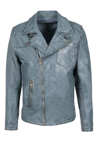 Chaqueta de moto de cuero azul claro con cremallera frontal, cuello puntiagudo, tres bolsillos con cremallera y un acabado texturizado.