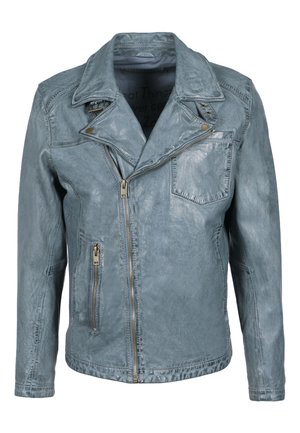 Giacca da moto in pelle azzurro chiaro con zip frontale, colletto a punta, tre tasche con zip e una finitura testurizzata.