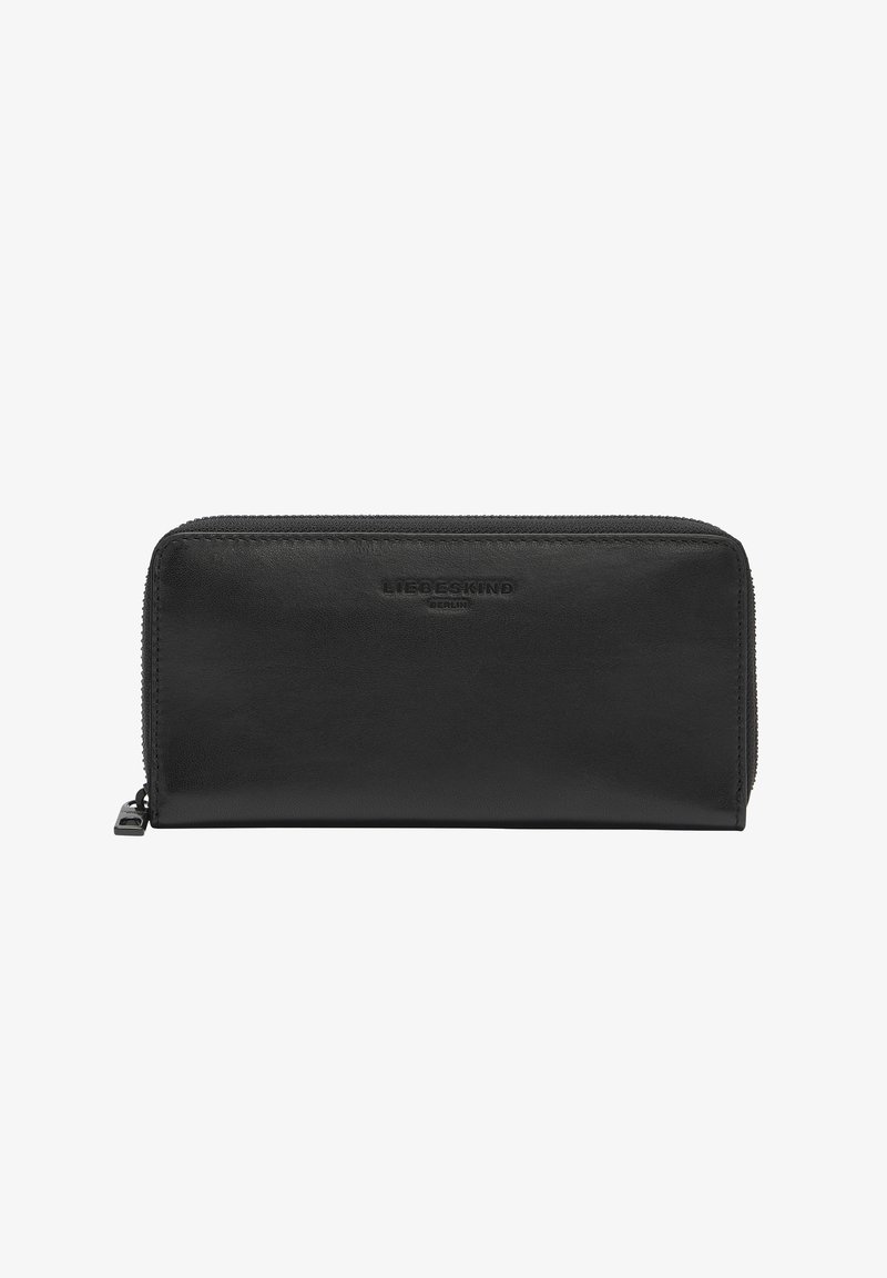 Portefeuille en cuir noir avec une texture lisse, de forme rectangulaire, fermeture zippée sur le dessus et logo de la marque en relief sur le devant.
