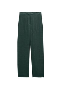 Ciemnozielone spodnie o szerokich nogawkach wykonane z teksturowanej tkaniny z gładkim pasem. Charakteryzują się czystym, minimalistycznym designem bez zdobień.
