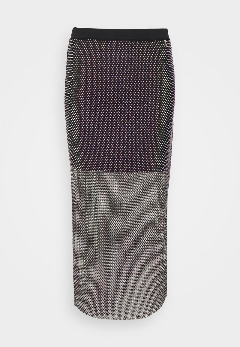Schwarzer und metallischer Bleistiftrock mit gepunktetem Muster, leichtem Glanz und gerade geschnittenem Design, mit einem einfarbigen schwarzen Bund.