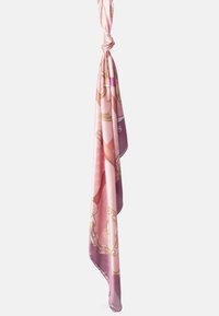 Foulard di seta in tonalità di rosa con un motivo a catena e un sottile design testurizzato. Bordature rifinite, cade elegantemente quando appeso.