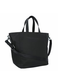 Zwarte nylon tote bag met dubbele handvatten bovenaan en een afneembare schouderband. Rechthoekige vorm met een gladde textuur en zilveren hardwareaccenten.