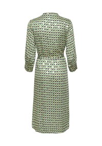 Rochie cu mâneci lungi, având un model geometric în triunghiuri, în nuanțe de verde, bej și bleumarin, cu talie rezervată și detaliu de guler.