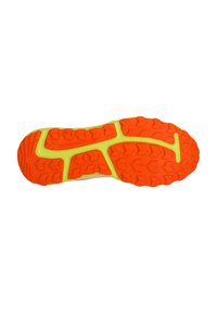 Sko sål med en levende orange gummi bund og gule accenter. Har et struktureret dæk for greb og stabilitet på forskellige overflader.