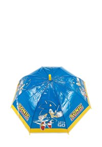 Blue umbrella featuring Sonic the Hedgehog graphics, yellow accents, eight panels, glossy finish, and a central yellow push button.