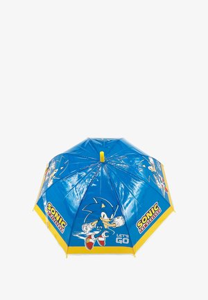 Blue umbrella featuring Sonic the Hedgehog graphics, yellow accents, eight panels, glossy finish, and a central yellow push button.