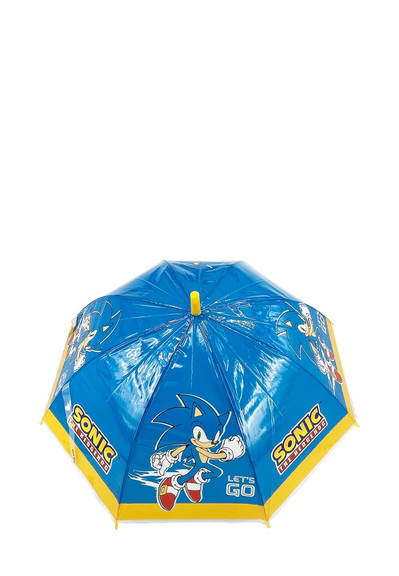 Blue umbrella featuring Sonic the Hedgehog graphics, yellow accents, eight panels, glossy finish, and a central yellow push button.