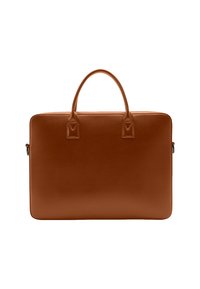 Brown leather briefcase with two sturdy handles and a smooth, rectangular shape on a white background.