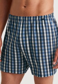Boxers en coton à carreaux bleus et blancs avec une taille élastique, offrant une coupe décontractée et une texture douce.