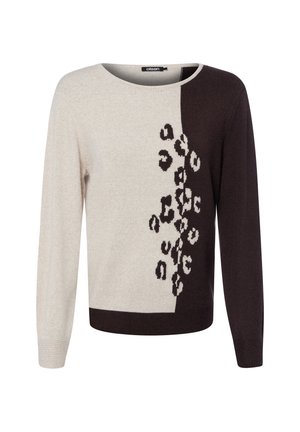 Maglione a maniche lunghe metà beige e metà marrone scuro, con una stampa a leopardata verticale al centro davanti.
